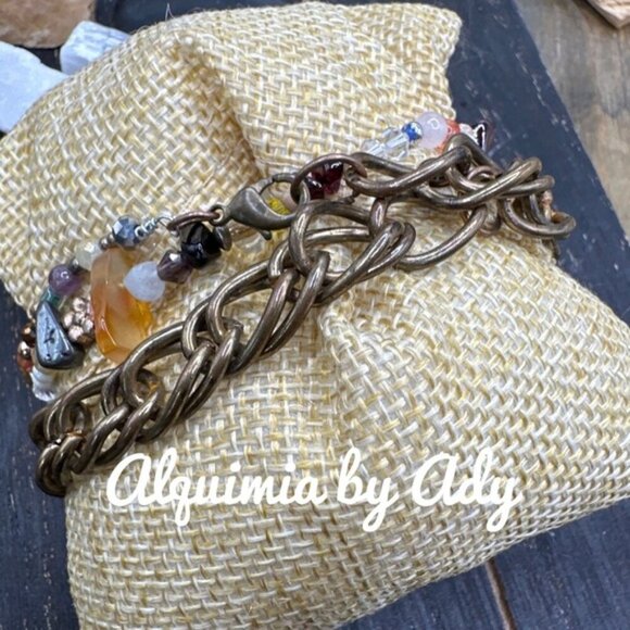 Multi gemstones and chunky brass statement bracelet - Picture 2 of 2